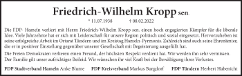 Traueranzeige von Friedrich-Wilhelm Kropp von Deister- und Weserzeitung