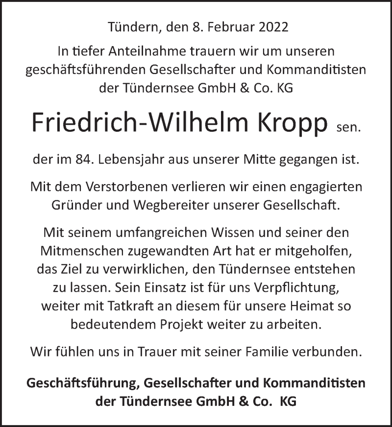  Traueranzeige für Friedrich-Wilhelm Kropp vom 12.02.2022 aus Deister- und Weserzeitung