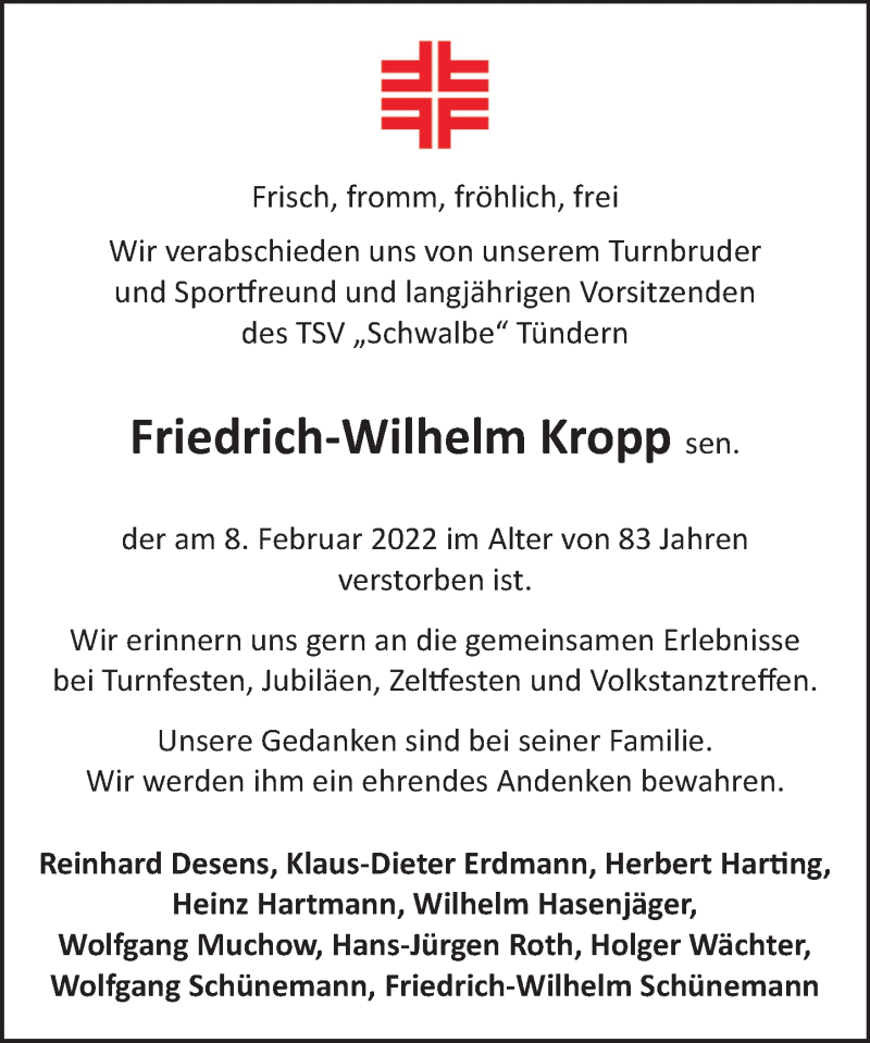  Traueranzeige für Friedrich-Wilhelm Kropp vom 15.02.2022 aus Deister- und Weserzeitung