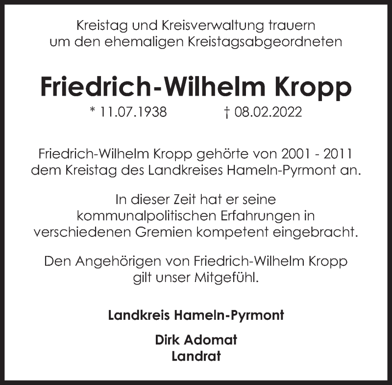 Traueranzeige für Friedrich-Wilhelm Kropp vom 15.02.2022 aus Deister- und Weserzeitung