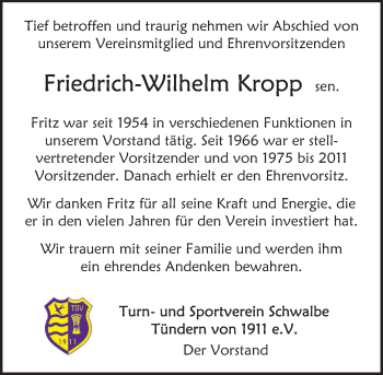 Traueranzeige von Friedrich-Wilhelm Kropp von Deister- und Weserzeitung