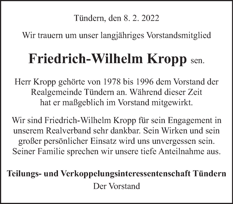  Traueranzeige für Friedrich-Wilhelm Kropp vom 12.02.2022 aus Deister- und Weserzeitung
