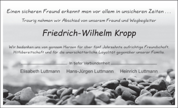 Traueranzeige von Friedrich-Wilhelm Kropp  von Deister- und Weserzeitung