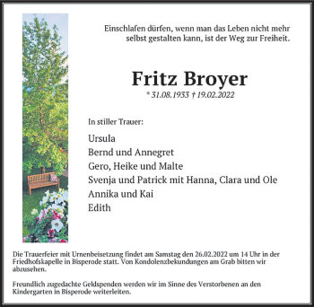 Traueranzeige von Fritz Broyer von Deister- und Weserzeitung