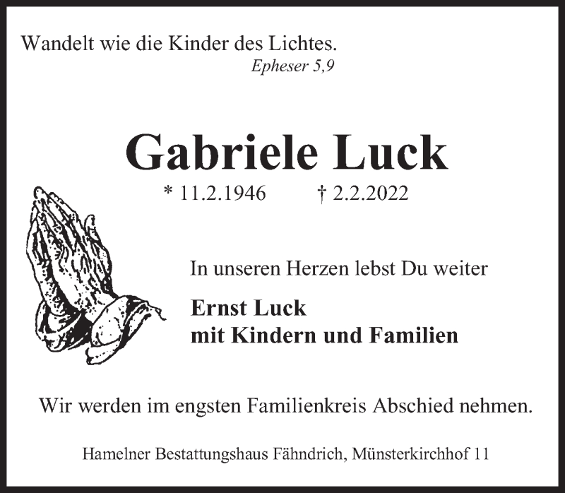  Traueranzeige für Gabriele Luck vom 12.02.2022 aus Deister- und Weserzeitung