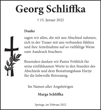 Traueranzeige von Georg Schliffka von Neue Deister-Zeitung