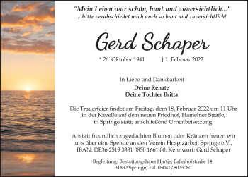 Traueranzeige von Gerd Schaper von Neue Deister-Zeitung