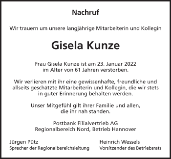 Traueranzeige von Gisela Kunze von Deister- und Weserzeitung