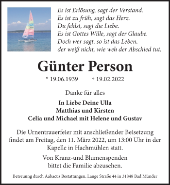 Traueranzeige von Günter Person von Neue Deister-Zeitung