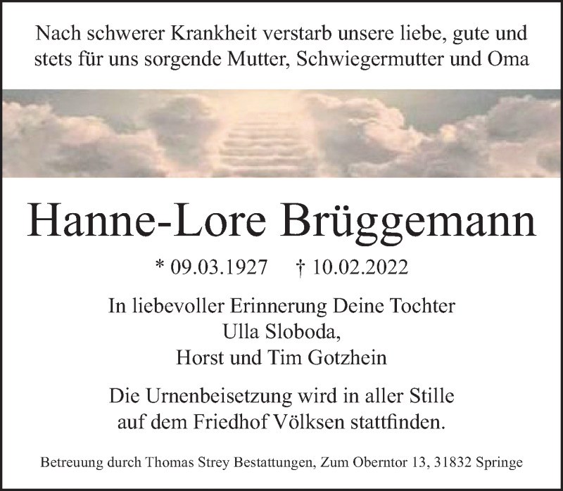  Traueranzeige für Hanne-Lore Brüggemann vom 26.02.2022 aus Neue Deister-Zeitung