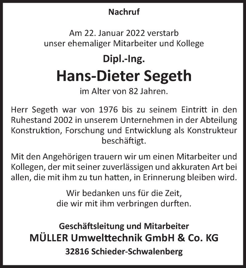  Traueranzeige für Hans-Dieter Segeth vom 05.02.2022 aus Deister- und Weserzeitung