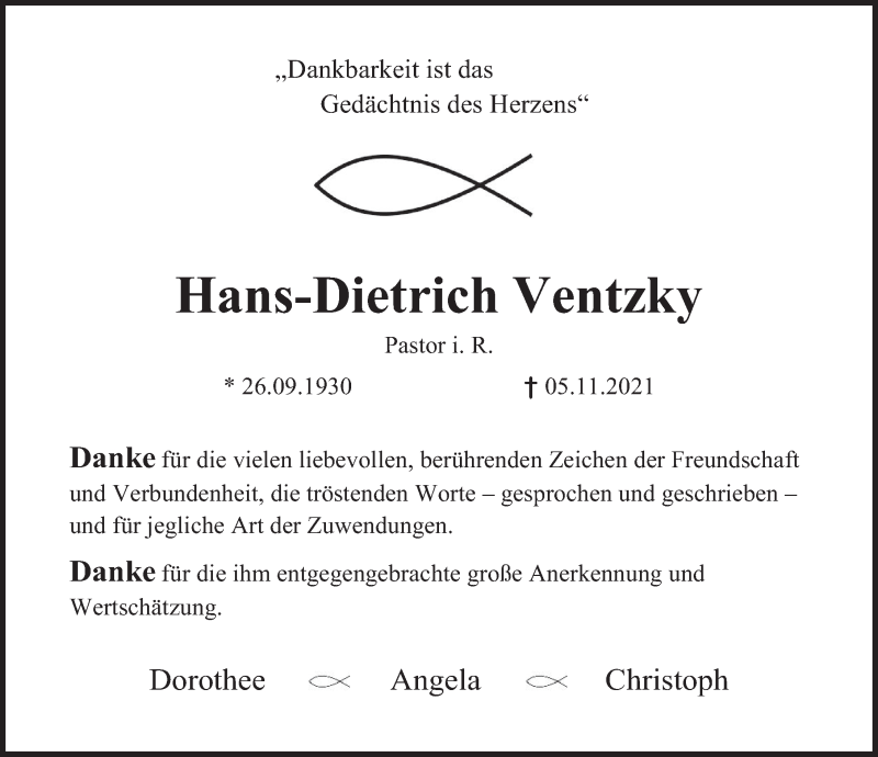  Traueranzeige für Hans-Dietrich Ventzky vom 05.02.2022 aus Deister- und Weserzeitung