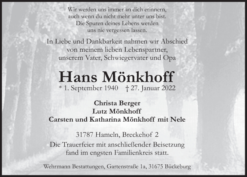  Traueranzeige für Hans Mönkhoff vom 14.02.2022 aus Deister- und Weserzeitung