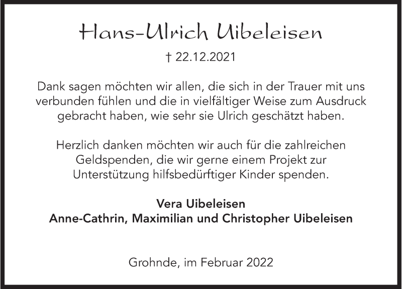  Traueranzeige für Hans-Ulrich Uibeleisen vom 12.02.2022 aus Deister- und Weserzeitung