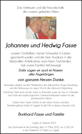 Traueranzeige von Hedwig Fasse von Deister- und Weserzeitung