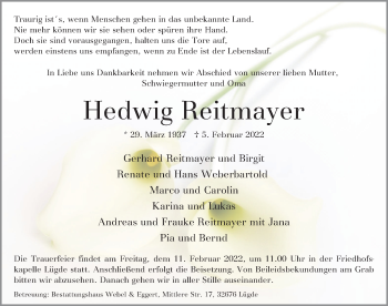 Traueranzeige von Hedwig Reitmayer von Deister- und Weserzeitung
