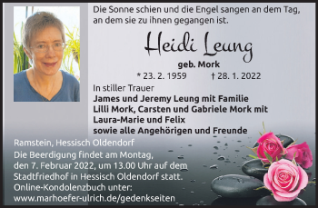 Traueranzeige von Heidi Leung von Deister- und Weserzeitung
