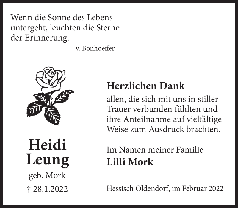  Traueranzeige für Heidi Leung vom 19.02.2022 aus Deister- und Weserzeitung