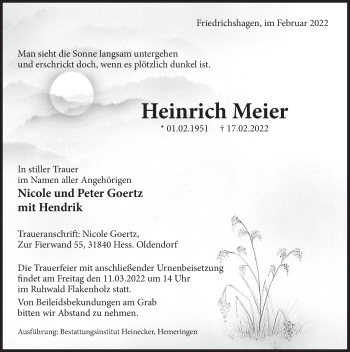 Traueranzeige von Heinrich Meier von Deister- und Weserzeitung