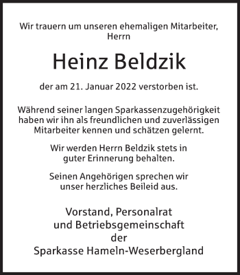 Traueranzeige von Heinz Beldzik von Deister- und Weserzeitung