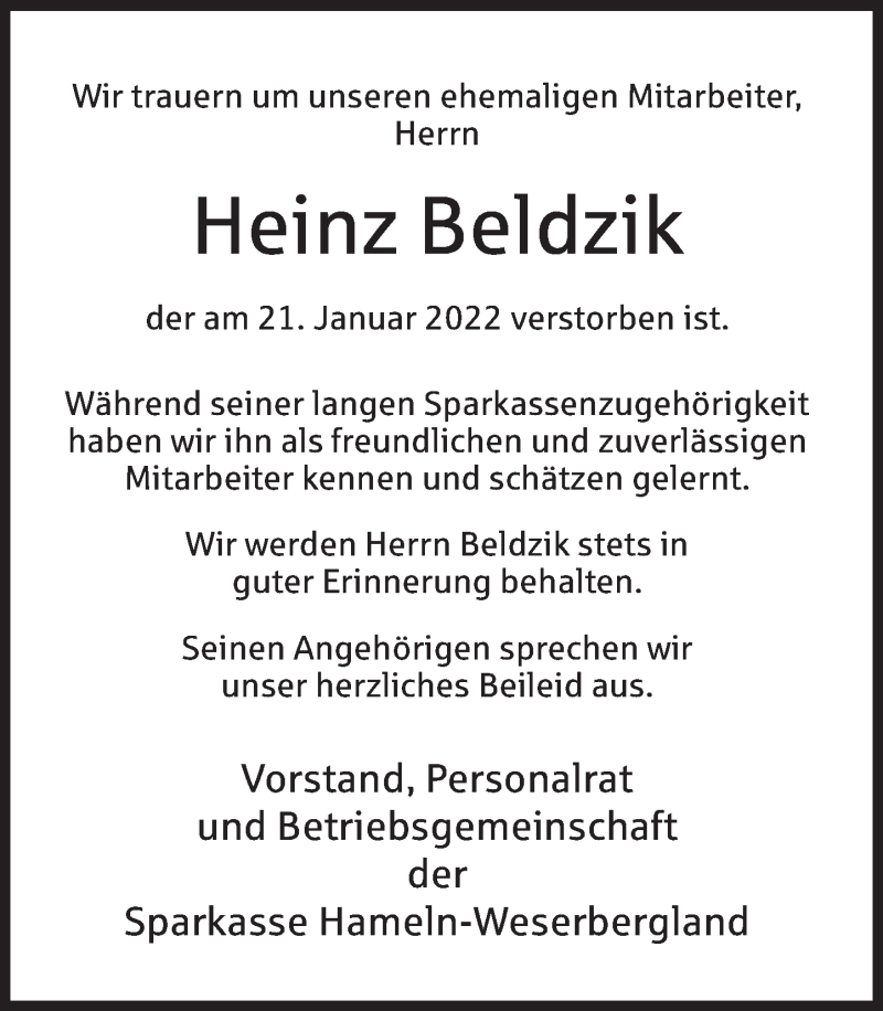  Traueranzeige für Heinz Beldzik vom 05.02.2022 aus Deister- und Weserzeitung