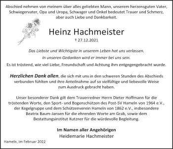 Traueranzeige von Heinz Hachmeister von Deister- und Weserzeitung