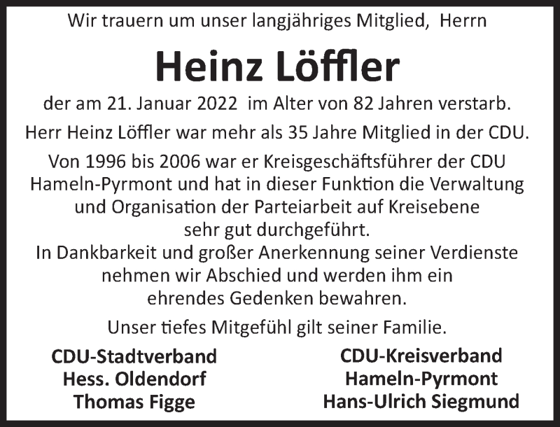  Traueranzeige für Heinz Löffler vom 04.02.2022 aus Deister- und Weserzeitung