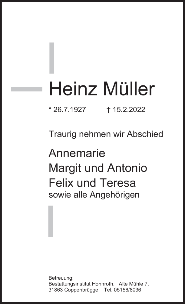  Traueranzeige für Heinz Müller vom 26.02.2022 aus Deister- und Weserzeitung