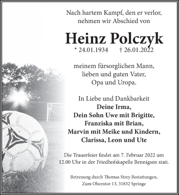 Traueranzeige von Heinz Polczyk von Neue Deister-Zeitung