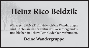 Traueranzeige von Heinz Rico Beldzik von Deister- und Weserzeitung