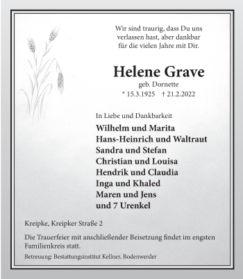 Traueranzeige von Helene Grave von Deister- und Weserzeitung