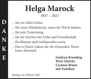 Traueranzeige von Helga Marock von Neue Deister-Zeitung