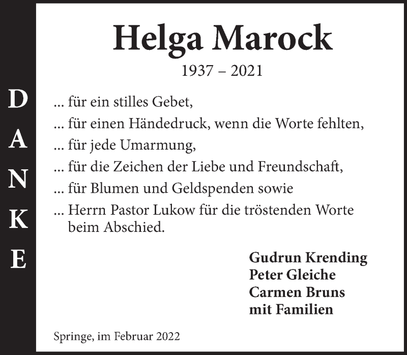  Traueranzeige für Helga Marock vom 12.02.2022 aus Neue Deister-Zeitung