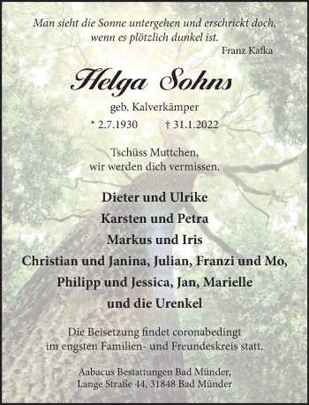 Traueranzeige von Helga Sohns von Neue Deister-Zeitung