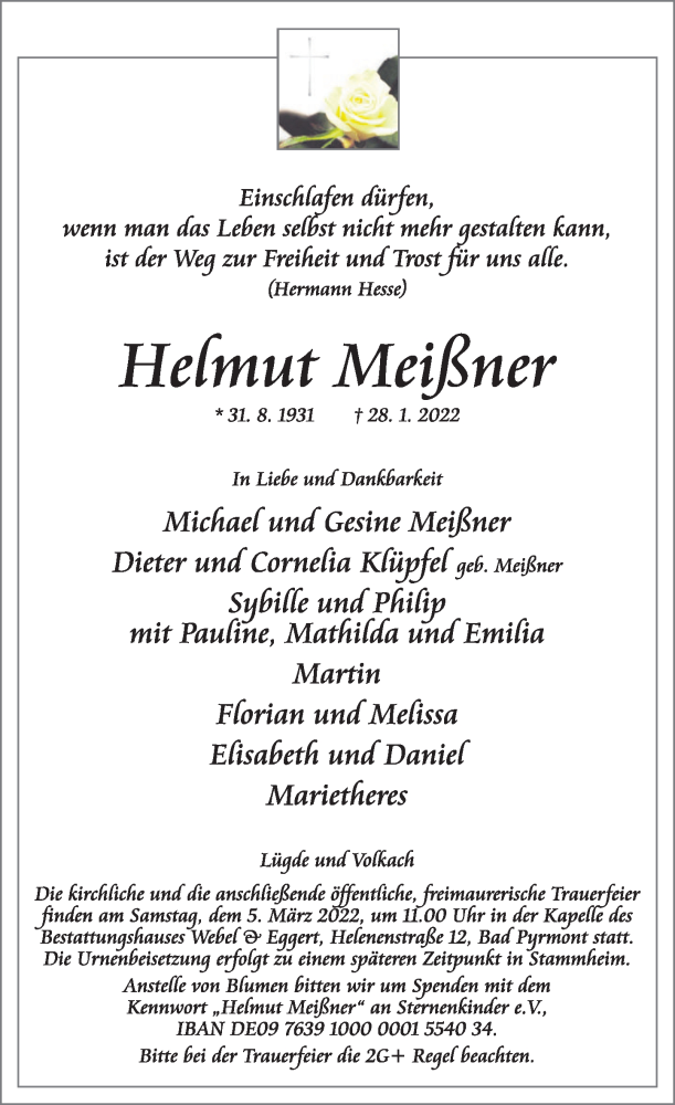  Traueranzeige für Helmut Meißner vom 12.02.2022 aus Deister- und Weserzeitung