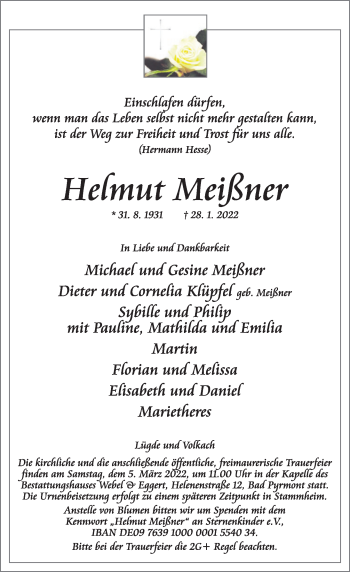 Traueranzeige von Helmut Meißner von Deister- und Weserzeitung