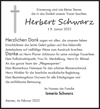 Traueranzeige von Herbert Schwarz von Deister- und Weserzeitung