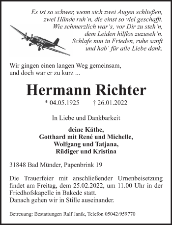 Traueranzeige von Hermann Richter von Neue Deister-Zeitung