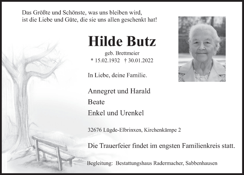  Traueranzeige für Hilde Butz vom 05.02.2022 aus Deister- und Weserzeitung
