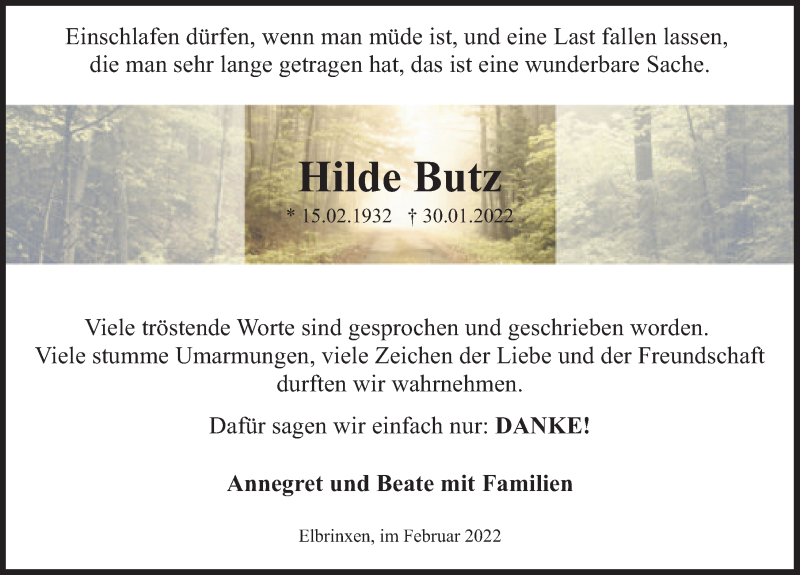  Traueranzeige für Hilde Butz vom 26.02.2022 aus Deister- und Weserzeitung