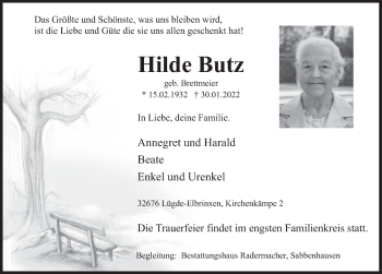 Traueranzeige von Hilde Butz von Deister- und Weserzeitung