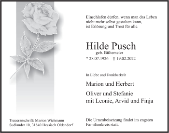 Traueranzeige von Hilde Pusch von Deister- und Weserzeitung