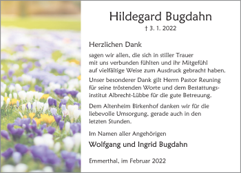 Traueranzeige von Hildegard Bugdahn von Deister- und Weserzeitung