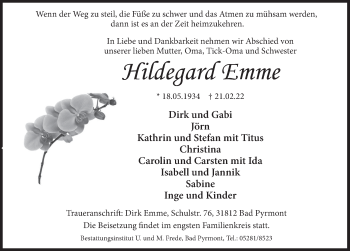 Traueranzeige von Hildegard Emme von Deister- und Weserzeitung