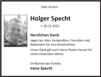 Traueranzeige von Holger Specht von Deister- und Weserzeitung