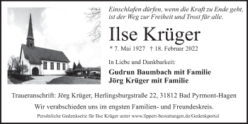 Traueranzeige von Ilse Krüger von Deister- und Weserzeitung