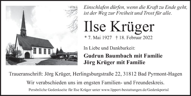  Traueranzeige für Ilse Krüger vom 26.02.2022 aus Deister- und Weserzeitung
