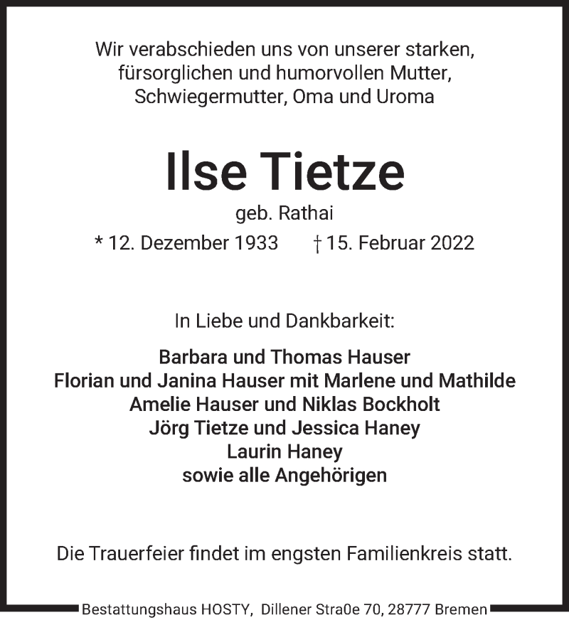  Traueranzeige für Ilse Tietze vom 26.02.2022 aus Deister- und Weserzeitung