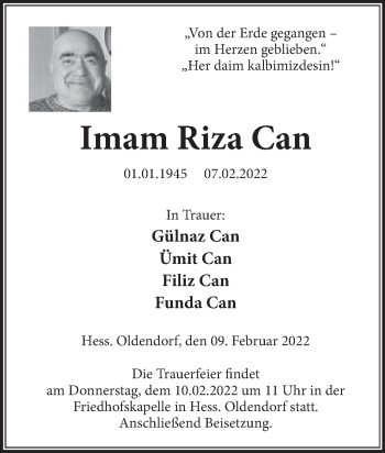 Traueranzeige von Imam Riza Can von Deister- und Weserzeitung