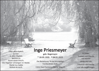 Traueranzeige von Inge Priesmeyer von Deister- und Weserzeitung